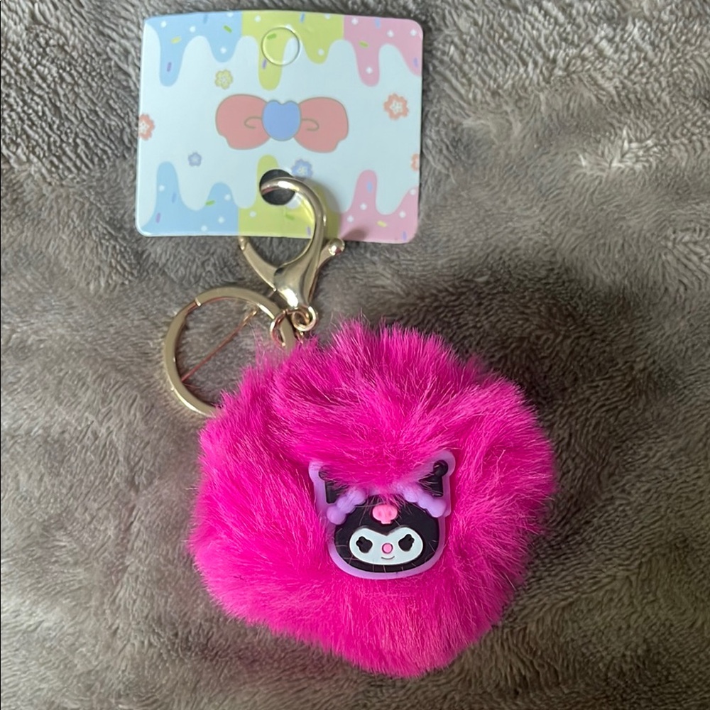 Pink Furry Keychain with Kuromi Character Charm claw clip nwt